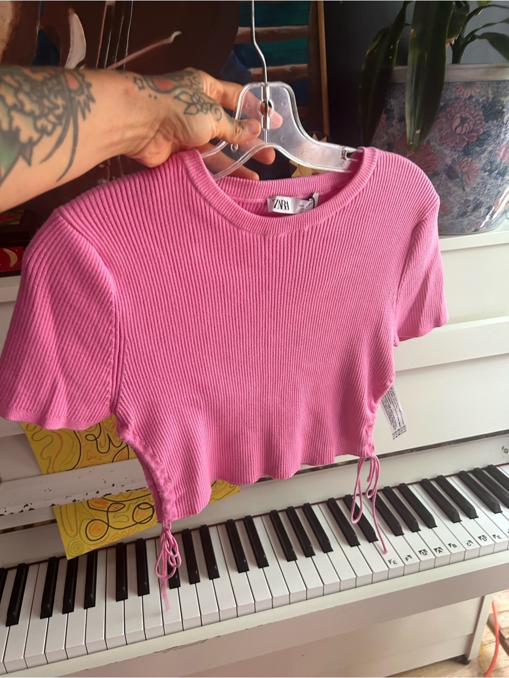 ZARA Hot Pink Ribbed Drawstring Crop Top Short Sleeve Y2K Women’s Small Tee - Picture 15 of 16
